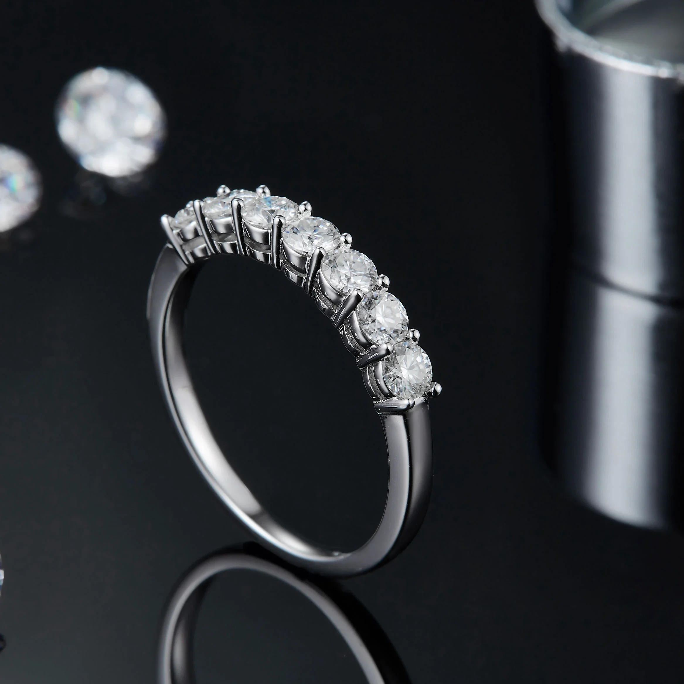 

D Color VVS Round Moissanite Half Eternity Ring in 925 Sterling Silver Luxury Jewelry
