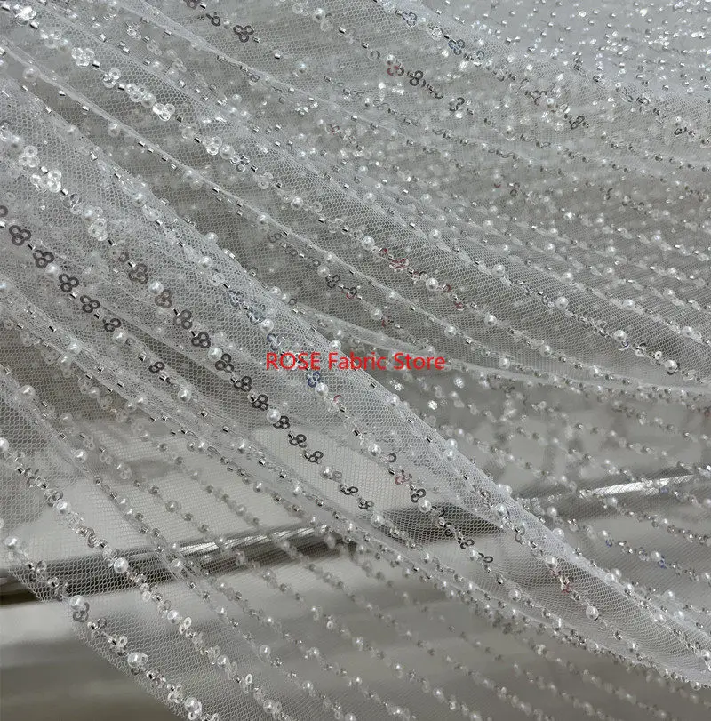 Sequin Beads Vertical Stripe Lace fabric for Wedding dress, evening gowns, girl dress, DIY sewing