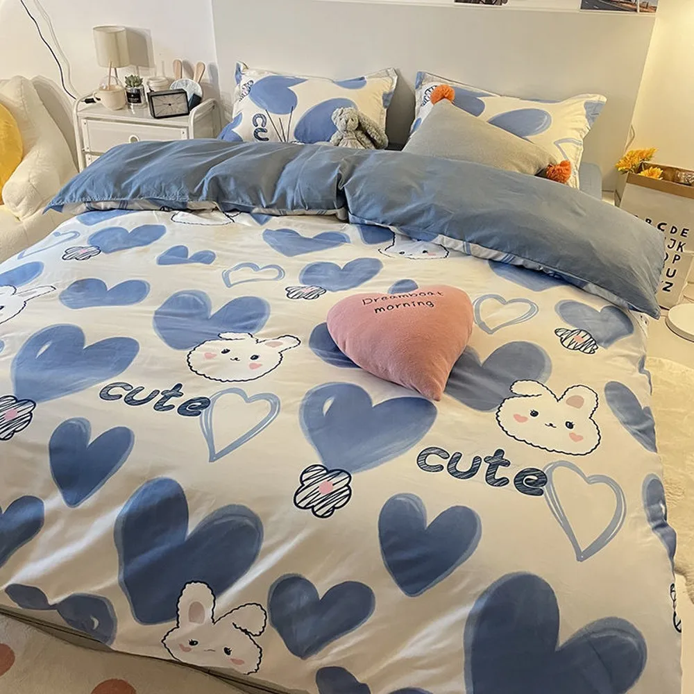 

Rabbit Bedding Set Cute Blue Sweetheart Soft Flat Sheet Set Duvet Cover With Pillowcase Single Double Queen Size Bed Linen