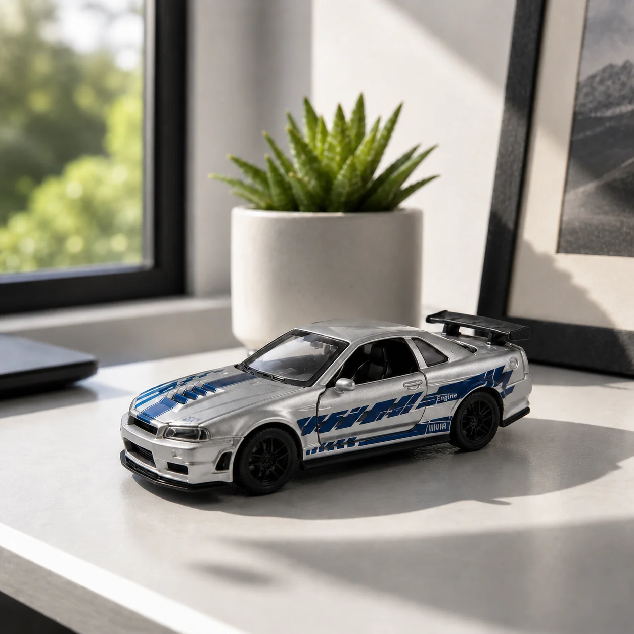(Corrugated Box) 1/36 Scale, JDM Style Striped Racing Coupe Toy, with Return Function, Metal Casting, the Best Gift.