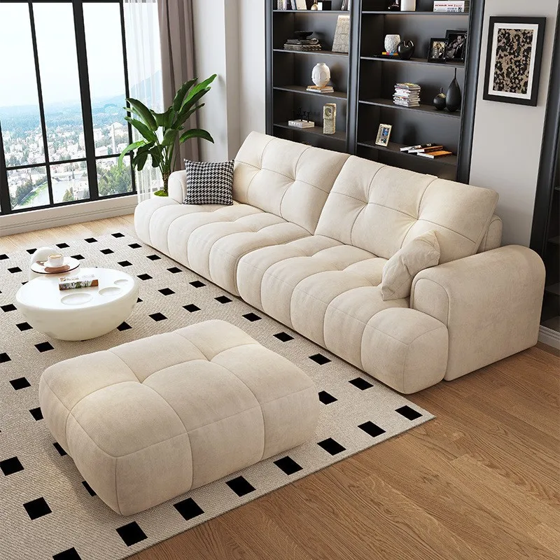 

Warm white cream wind cat scratching fabric sofa size apartment household living room simple puff straight row sofa
