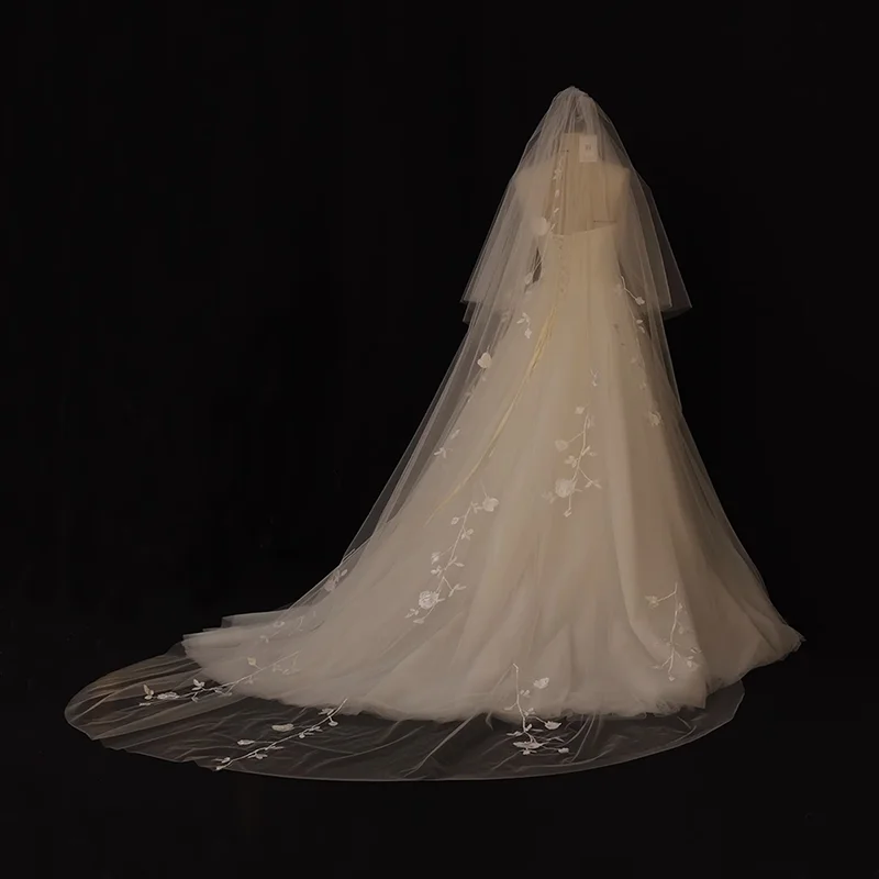 طرحة زفاف مع دانتيل زهور طول الكاتدرائية 2 طبقة حجاب الزفاف مع مشط زهرة الدانتيل الحجاب مخصص Véu De Noiva #5