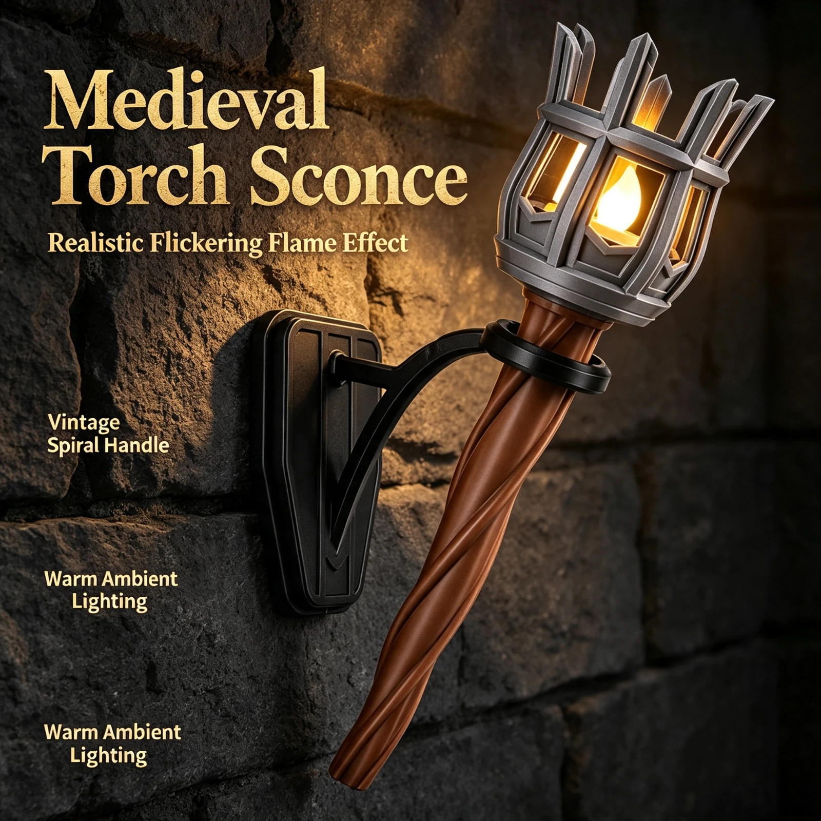 Medieval Torch Wall Sconce 3D Printed, LED Flame Light Retro Castle Dungeon, Decor Gothic Home Room Bar Party, Prop Gift Ornamen