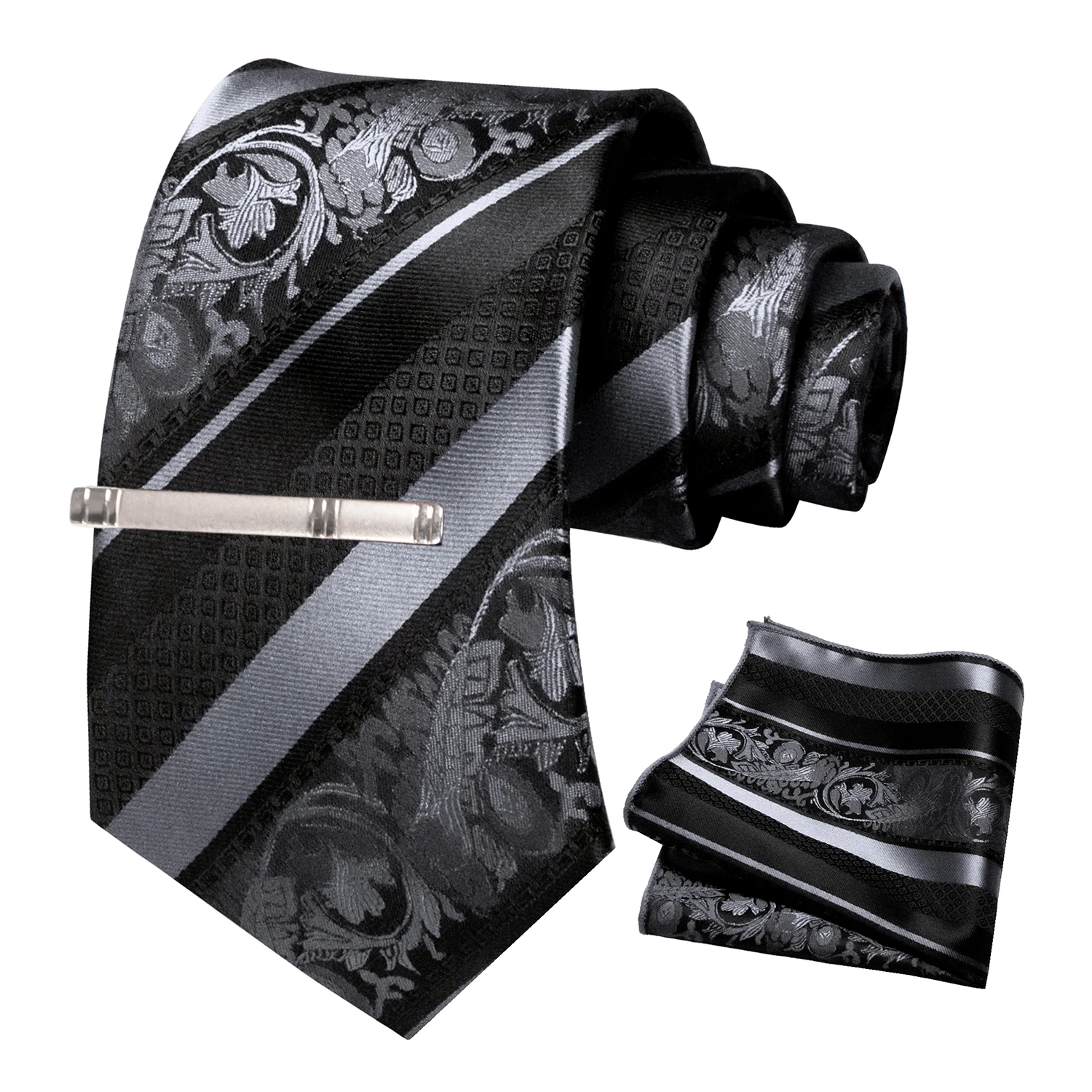 Klassische Herren-Krawatte mit Blumenmuster, 8 cm, Seidenkrawatten-Set, Einstecktuch, Krawattenklammer, Business-Anzubehör, Bräutigam-Hochzeitskrawatte – Detail 24