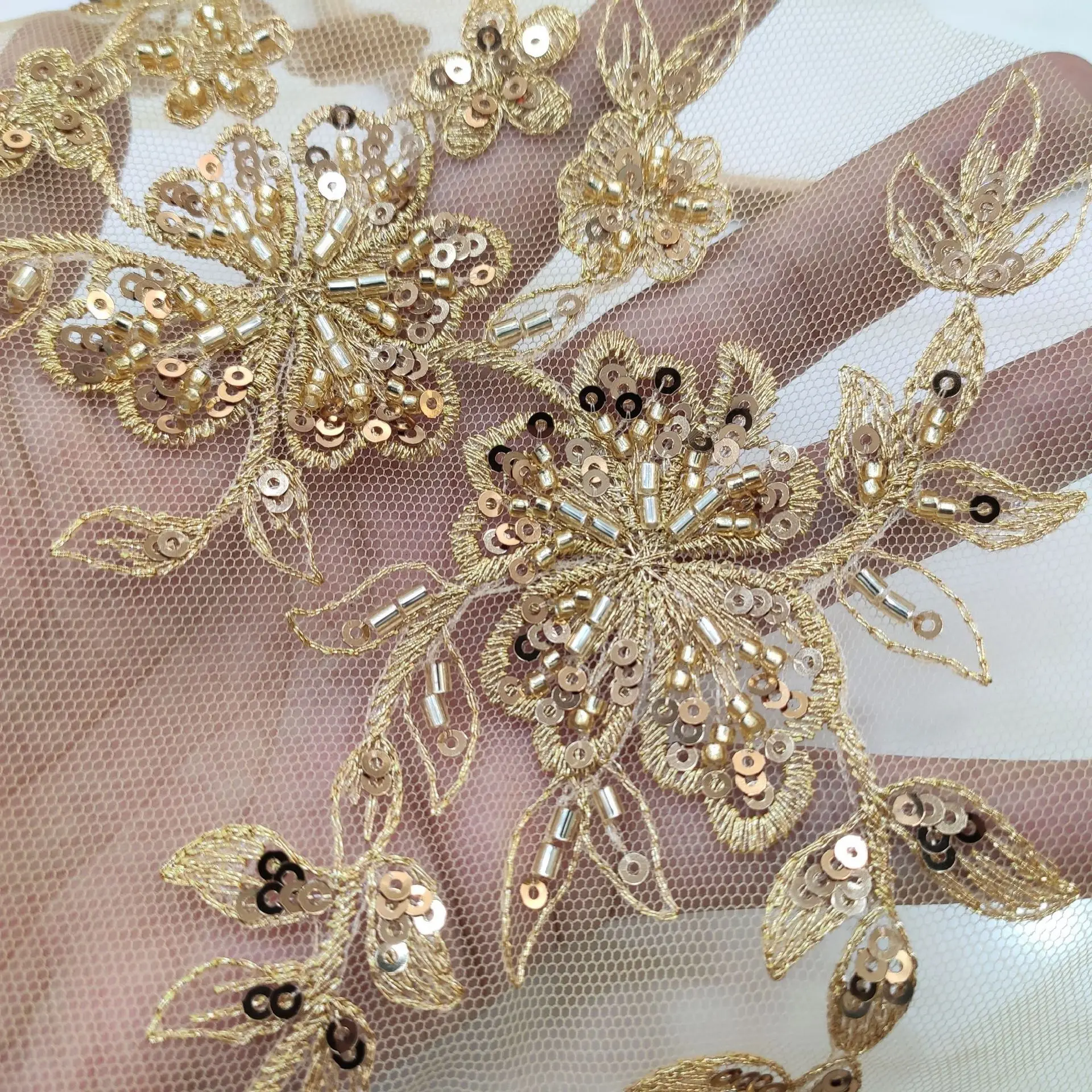 Paillettes de dentelle d'aviation de perles, robe de vêtements de luxe légère, appliques décoratives, accessoires de bricolage, paires de fleurs, 1 paire