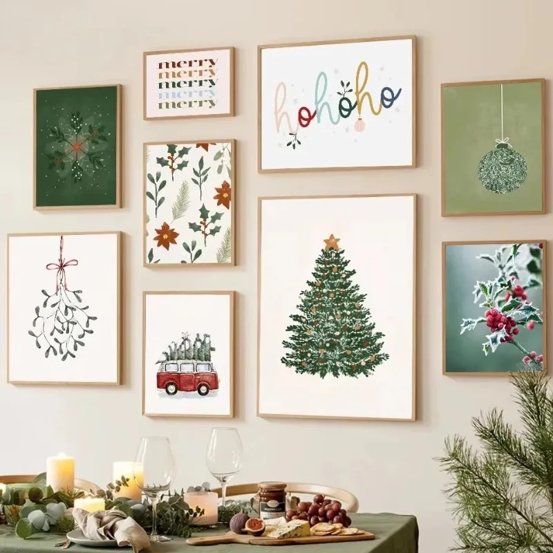 Christmas Tree Ball Decoration Poster Frosted Holly Winter Van Canvas Painting Snowflake Prints Decorative Home Room Picture