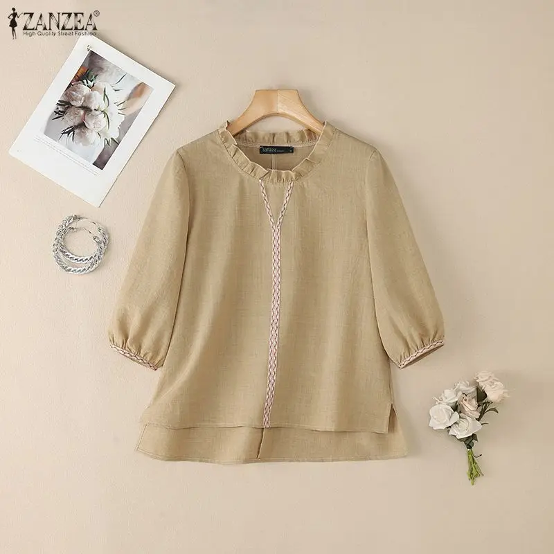 

Женские блузки с ленточными вставками и рюшами, с круглым вырезом, рукавом до локтя, асимметричным подолом, однотонные топы ZANZEA, весна-лето, Blusas de Mujer 3XL