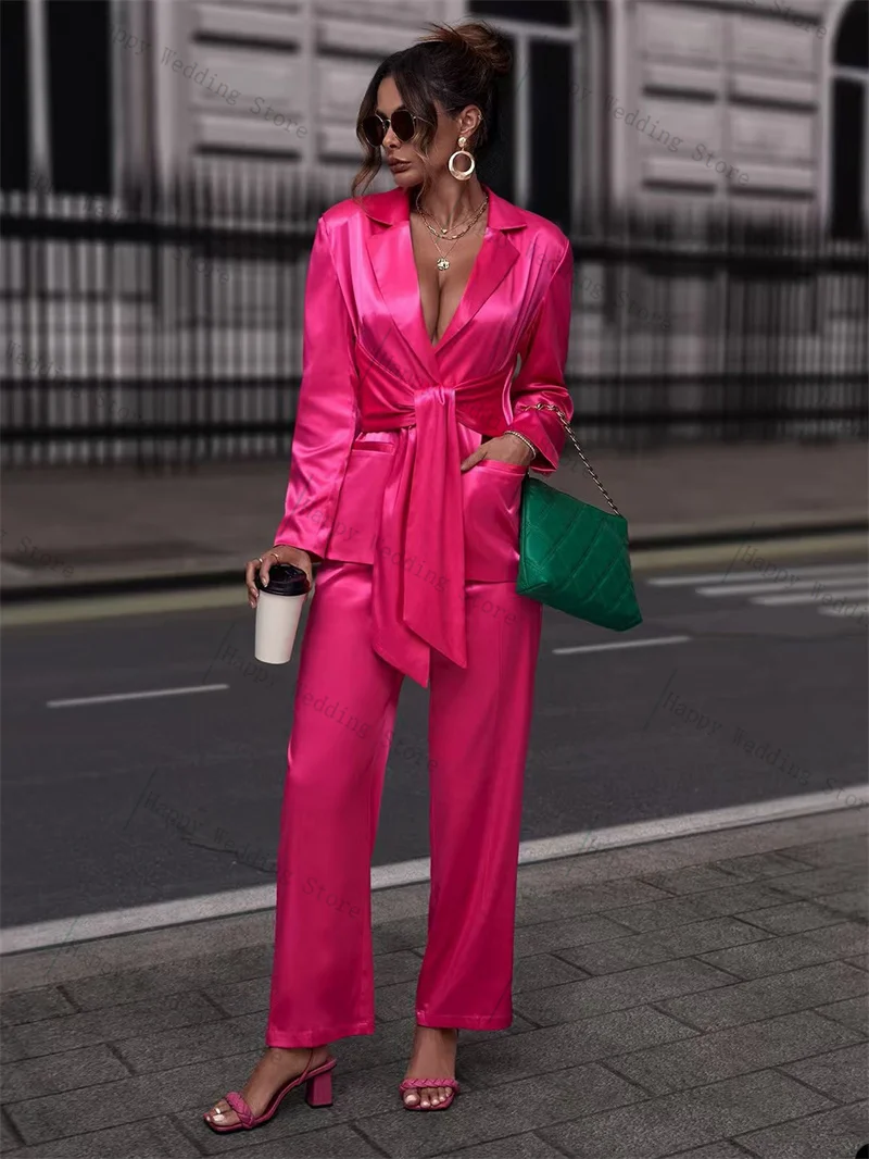 

Pink Satin Women Suit Pants Set 2 Piece Blazer+Trousers Belted Formal Office Lady Jacket Customized Wedding Guest Prom Coat