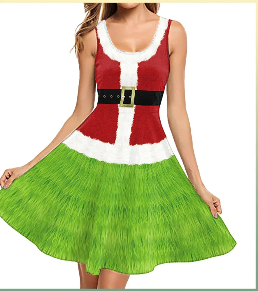 

Рождественский костюм, зеленые платья с цифровым принтом, платье трапециевидной формы без рукавов, рождественская праздничная тематическая вечеринка, новогодний наряд для женщин