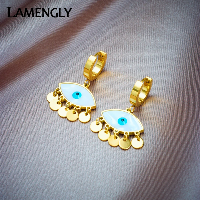 LAMENGLY 316L Stainless Steel Gold Color Eye Pendant Earrings For Women Girl New Fashion Ear Buckle Waterproof Jewelry Gift