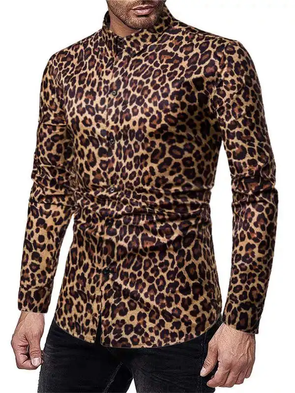 Retro Leopard Print Long Sleeve Men's Shirt Ice Silk Chiffon Stage Performance Cool Feeling No Ironing Youthful Trend Standar...