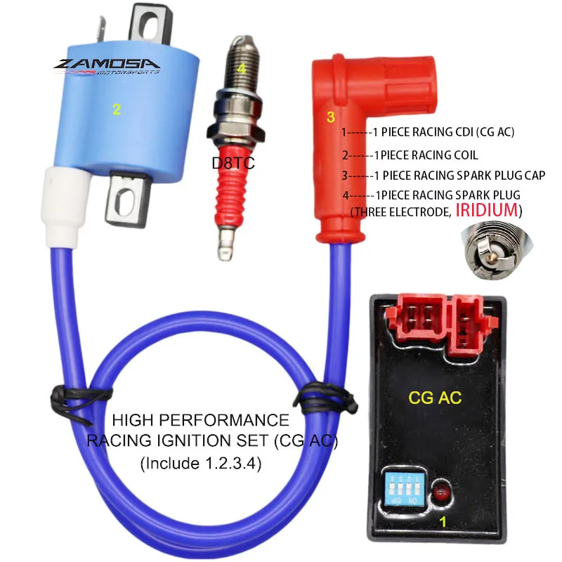 

Racing CDI Module Box Ignition Coil Spark Plug Cap Kit for 50cc 125cc 150cc 200cc 250 D8TC 3 Electrode IRIDIUM AC Cdi Racing Kit