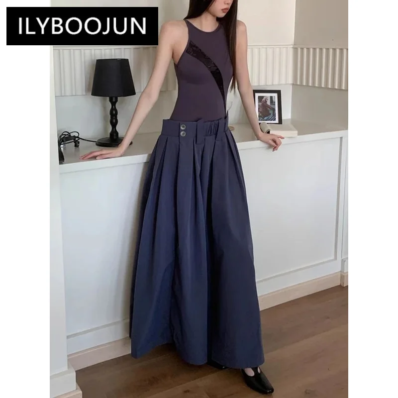 

ILYBOOJUN Colorblock Spliced Belt Dresses For Women O Neck Sleeveless High Waist Elegant Patchwork Folds Loose Dress Female