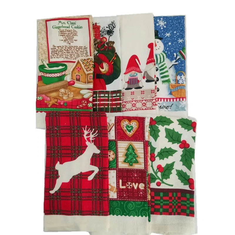 

1Pc 38x63cm Christmas Series Printed Cotton Kitchen Tea Towel Dishcloth Cleaning Tool Xmas Party Decor Gift