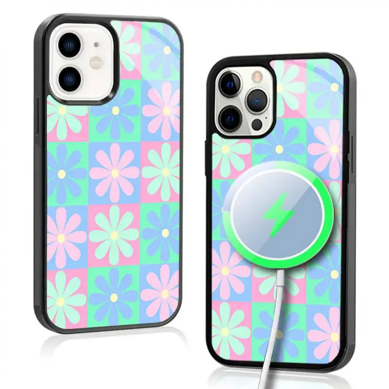 Color Flower Phone Case For IPhone 11 12 13 14 15 Plus Pro Max Mirror Acrylic Cover For Magsafe Wireless Charging