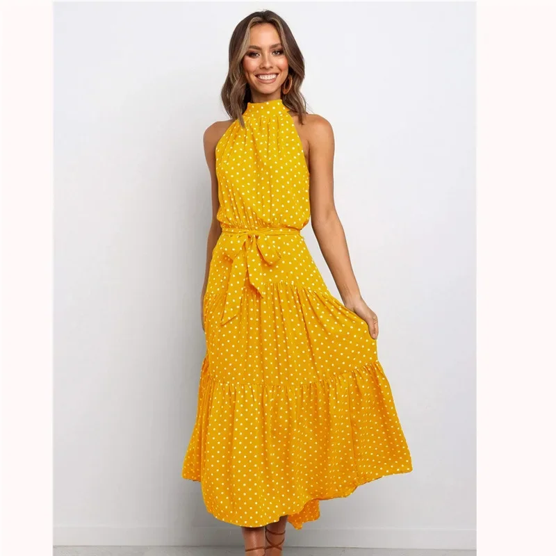 

Summer Long Dress Women 2023 Polka Dot Casual Midi Dresses Black Halter Strapless Sundress Vacation Dress Clothes For Women