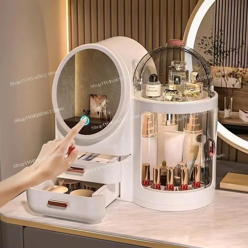 Large capacity LED lamp storage rack with mirror, desktop dresser, light luxury storage rack finishing