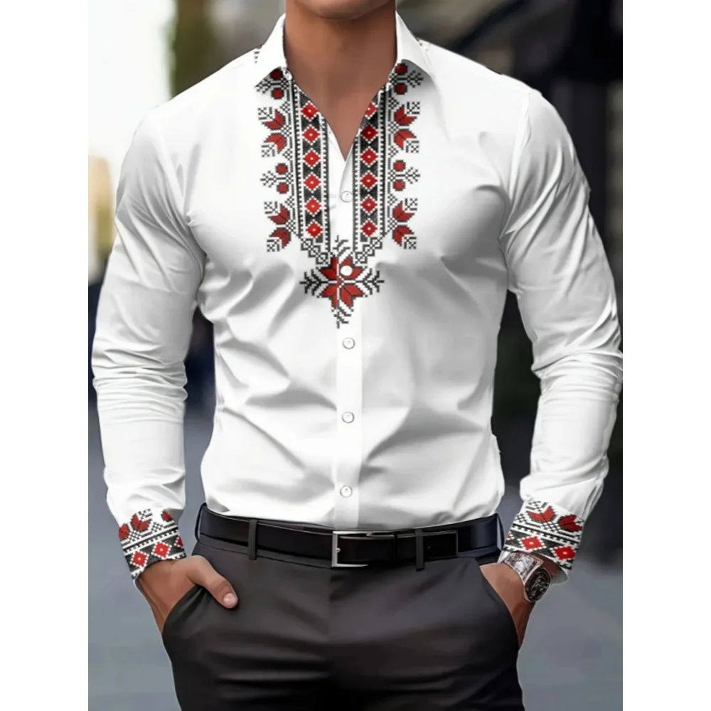 

Men's Geometric Ethnic Style Print Long-Sleeved Shirt Spring and Autumn New Retro Fashion Lapel Button Shirt Versatile Men's Top