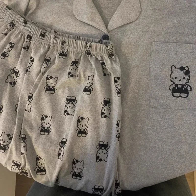 Gri Hello Kitty baskılı pijama pantolon Kawaii Y2K gevşek boyutu ev mobilya kız sevimli yaz rahat pantolon doğum günü hediyesi