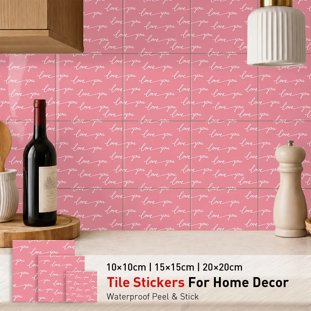 Love Letter Tile Stickers Waterproof Peel and Stick Self Adhesive Oil Proof Backsplash Decals Floral Wallpaper for Script Decor