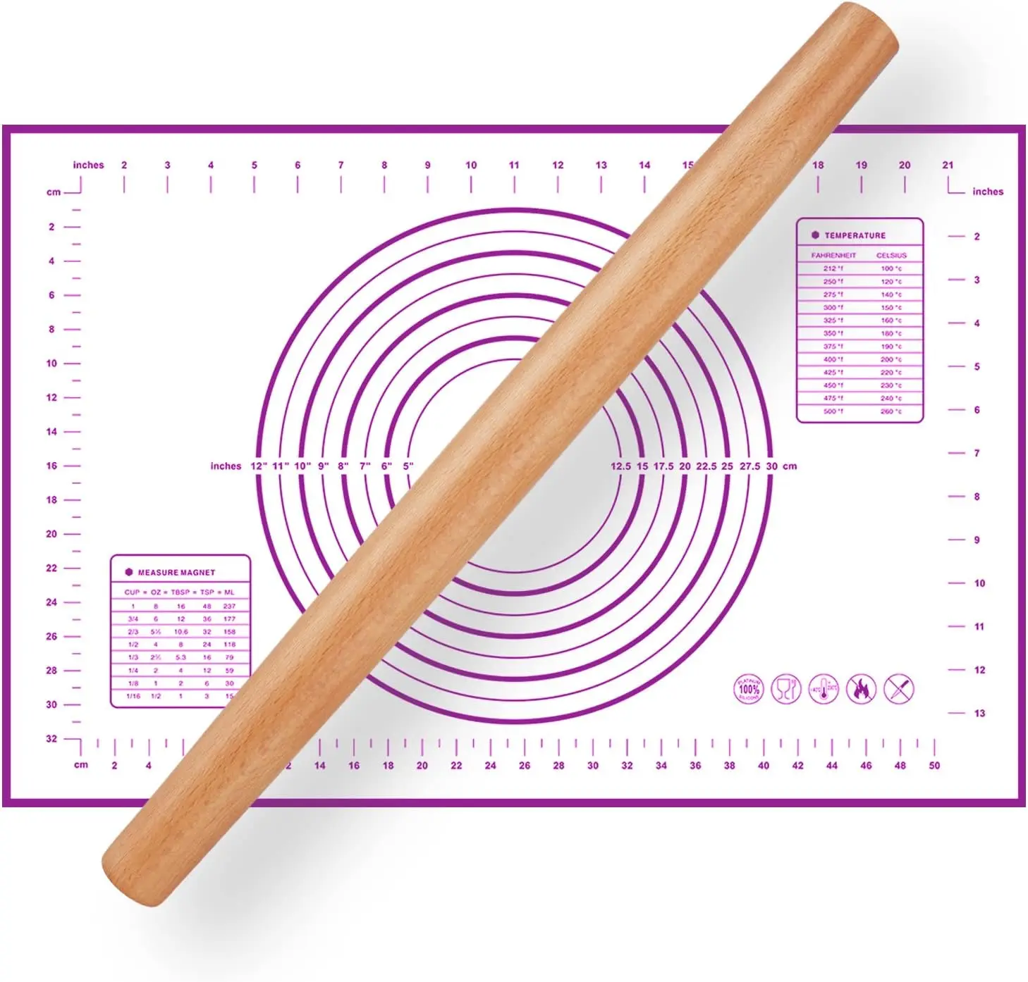 

16 Inch Wood Rolling Pin for Baking, French Dough Roller with Silicone Pastry Mat, Beech Wood Rolling Pin for Pizza, Pie