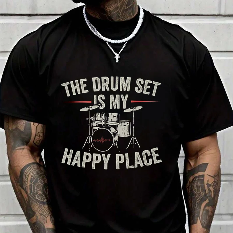 

Мужская черная футболка с принтом The Drum Set Is My Happy Place Adventure, повседневная футболка с круглым вырезом, 2026