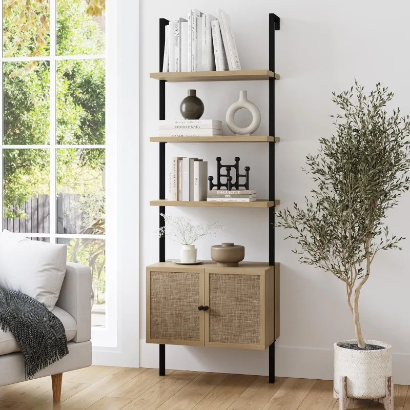 Nathan James Theo Ladder 3 tier Open Bookshelf with Rattan Drawers and Matte Steel Frame