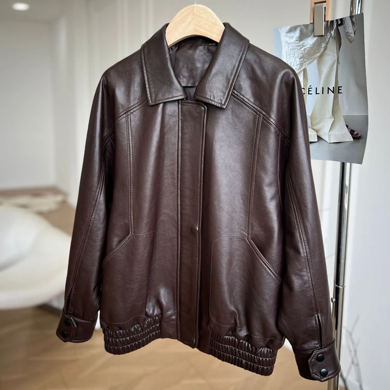 2025 Autunno pigro stile motociclista retrò giacca di pelle di pecora moda donna allentata casual nero / caffè giacca oversize in vera pelle