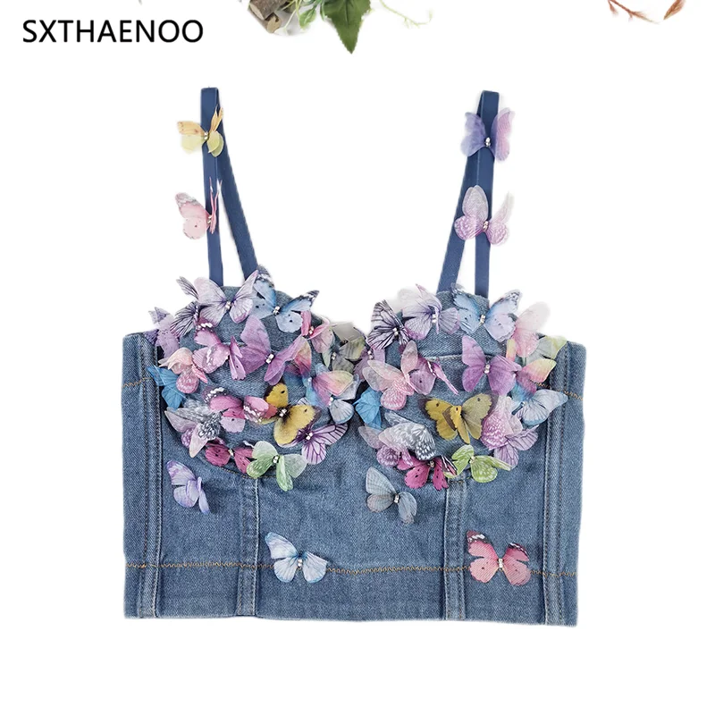 SXTHAENOO 2024 Women Colouful 3D Butterfly Denim Corset Top Crop Bustier Bra Push Up Sexy Lingerie Sling Party Short Clothes