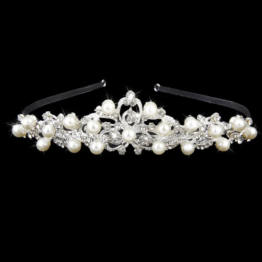 

Pearl Rhinestone Crown Hair Clip Women Tiara Wedding Barrettes Bride Hairband Alloy Silver 17*12Cm For Adults Party