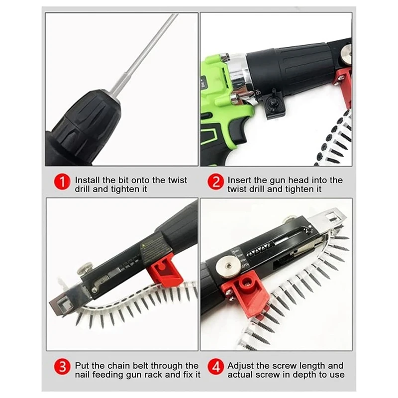 Bor listrik dengan obeng hitam, adaptor pistol paku rantai otomatis, peralatan pengencang sekrup dipasang di bor listrik