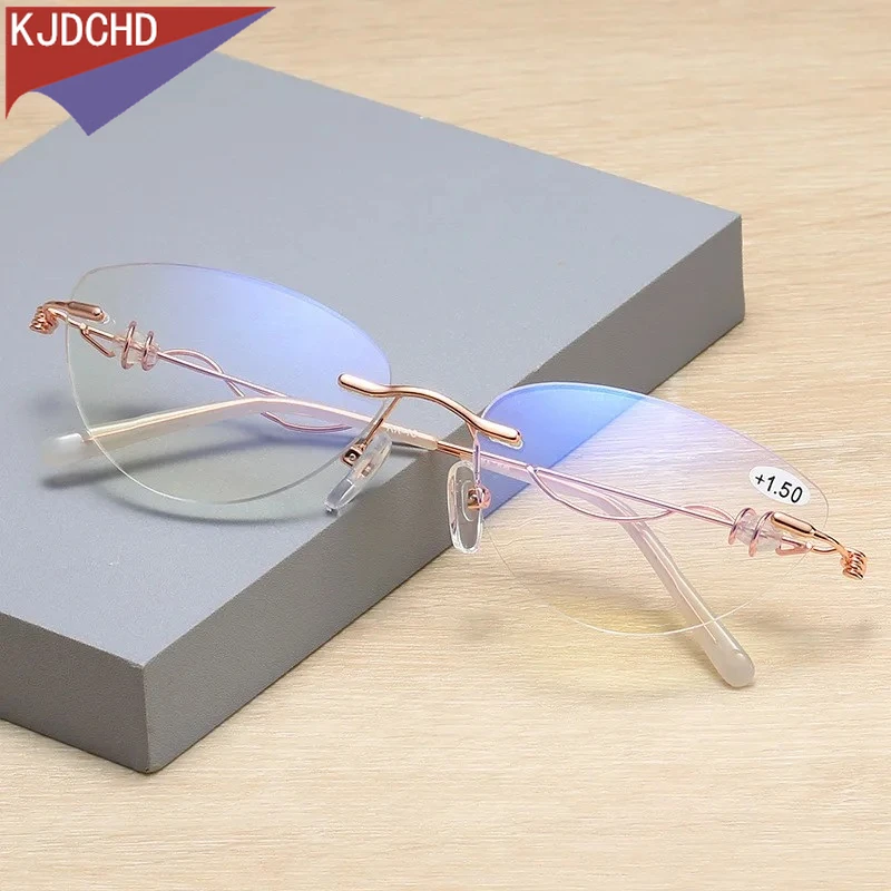 

Fashion Sexy Female Cat Eye Frameless Reading Glasses Anti-Blue Light Prescription Computer Frame Glasses with Diopter +1.0 +1.5