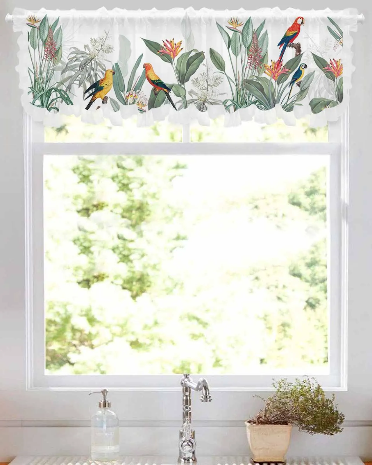 Ins Style Tropical Plants Parrot Short Tulle Half Curtains for Living Room Kitchen Door Cafe Window Sheer Valance Drapes