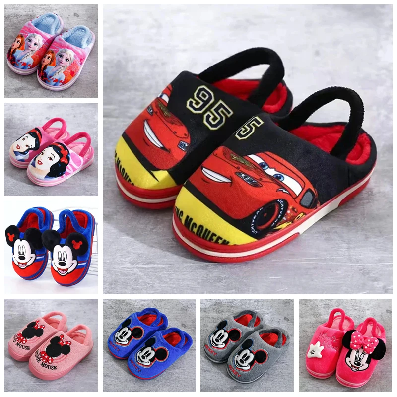 

Зимние тапочки для девочек и мальчиков с мультяшными персонажами Микки Маус, Минни Маус, Молния Маккуин, Эльза, детская домашняя обувь с принтом, нескользящие, хлопковые, для дома, размеры 22-28