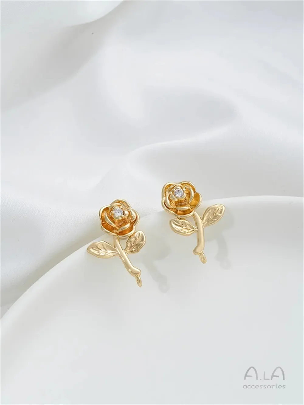 

14K Gold-Plated Leaves with Hanging Rose Earrings, Handmade DIY Earrings Accessories, Hand-made Ear Jewelry Materials