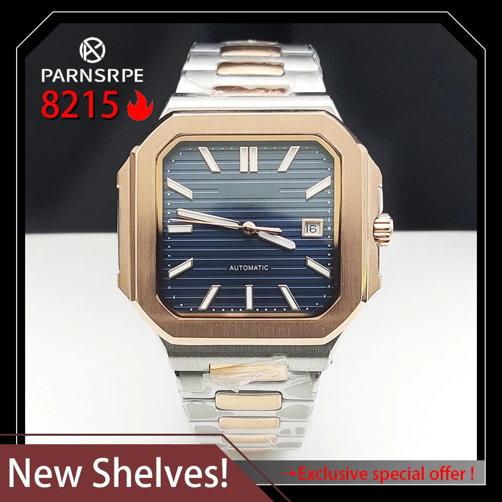 Luxury business style Two-tone Rose Gold watchband Square watch Luminous 8215 automatic mechanical movement sapphire