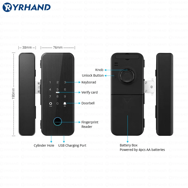 YRHAND Drill free Bluetooth Biometric Fingerprint RFID Card Code Remote Control Tuya App Electronic Smart Glass Door Lock