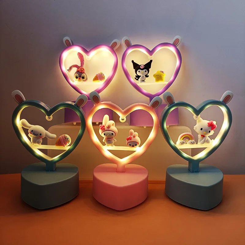 Sanrio lampka nocna Hello Kitty Cinnamoroll Melody Kuromi Cartoon dzieci świecąca lampa stołowa kreatywna lampka nocna w kształcie serca prezenty