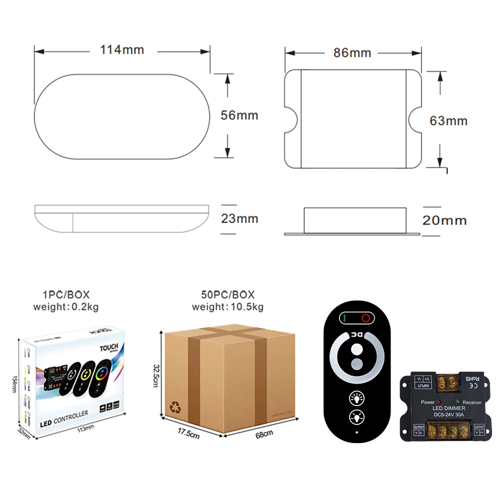 Small lron shell Controller TouchRemote Control indicator Dc5-24V 30A6Key Single Light Cct Rgb smd cob stripDimmer Controller