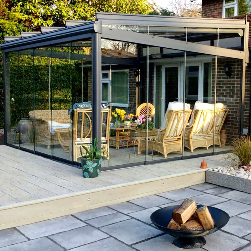 Large Modern Modular Sliding Aluminum Frame Door Tempered Glass Sunroom Gable Conservatory Outdoor Garden Patio Enclosure