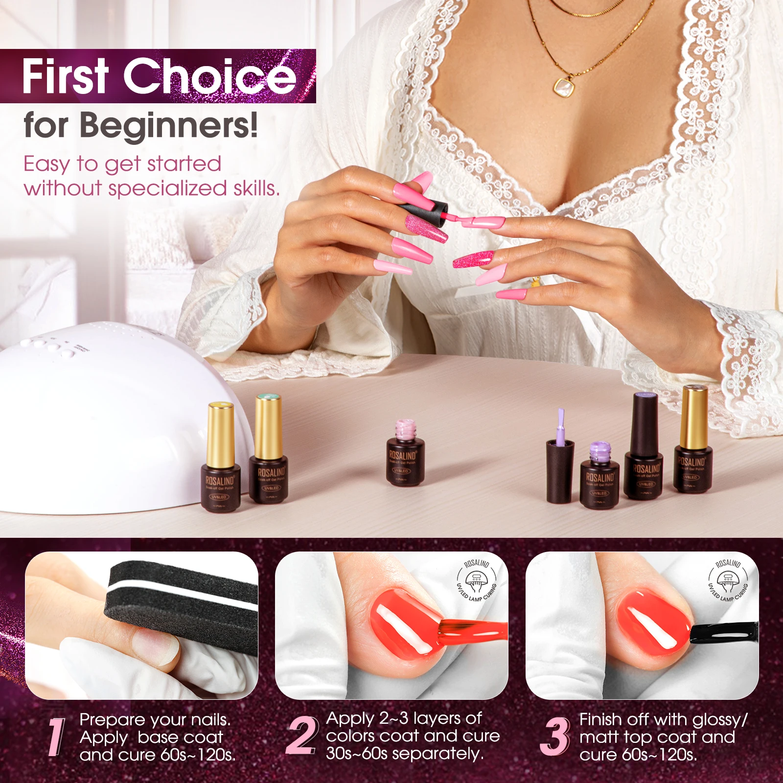 ロザリンド ネイルポリッシュ ピンクグリッター ハイブリッド ソークオフ セミパーマネント ネイルジェル UV/LEDランプ ジェルニス 20色+ベース マットトップコート