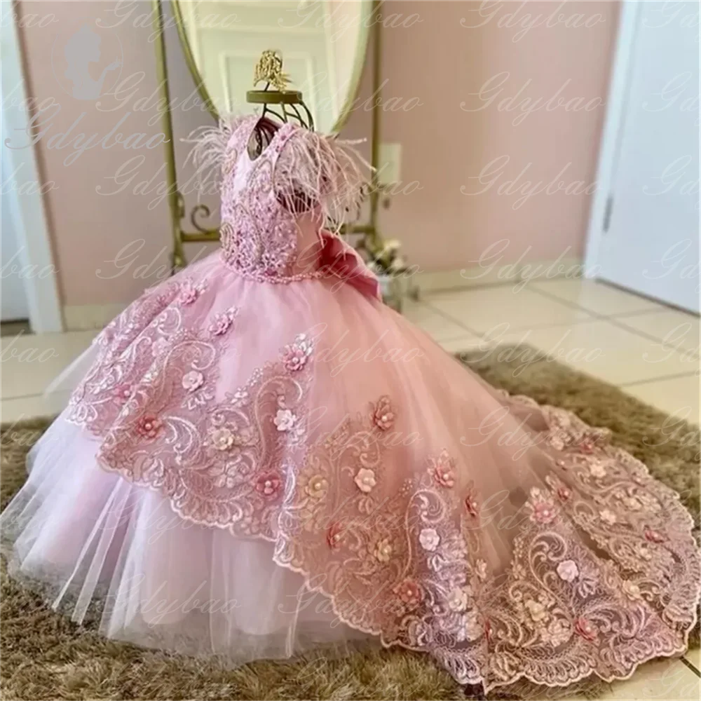 Vestido de flores lila con plumas para niña, apliques de boda, encaje hinchado con lazo, Princesa, desfile de belleza, vestidos de baile de primera comunión