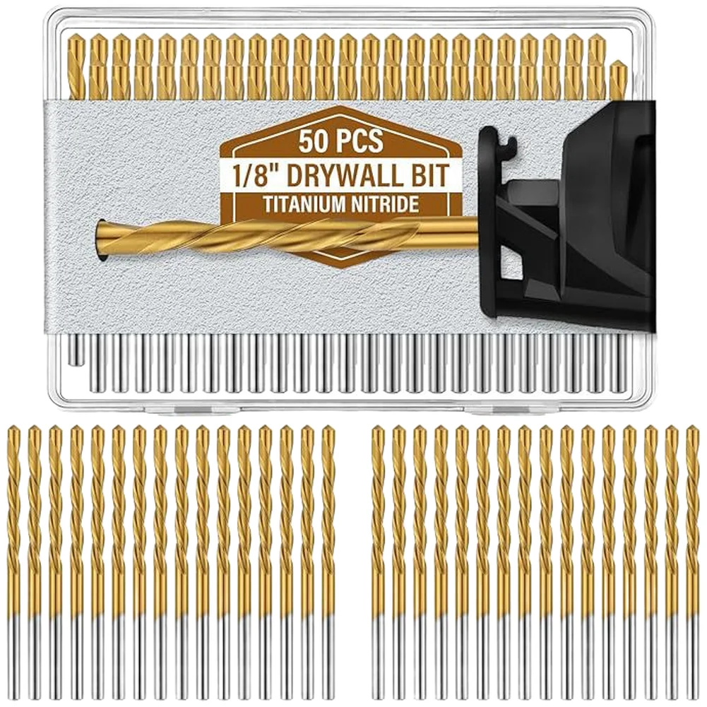 50PCS TiN Coated 1/8 Inch Twist Drill Bits Set Suitable for Wood Plastic Fiberglass PVC and Drywall Applications