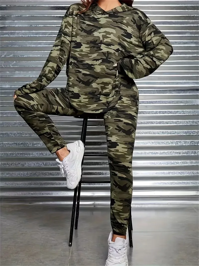 Damen Camouflage-Print Kapuzen-Trainingsanzug, Oversize Langarm-Hoodie, Jogginghose mit Bündchen, Lässige Loungewear, Zweiteiliges Outfit-Set – Detail 3
