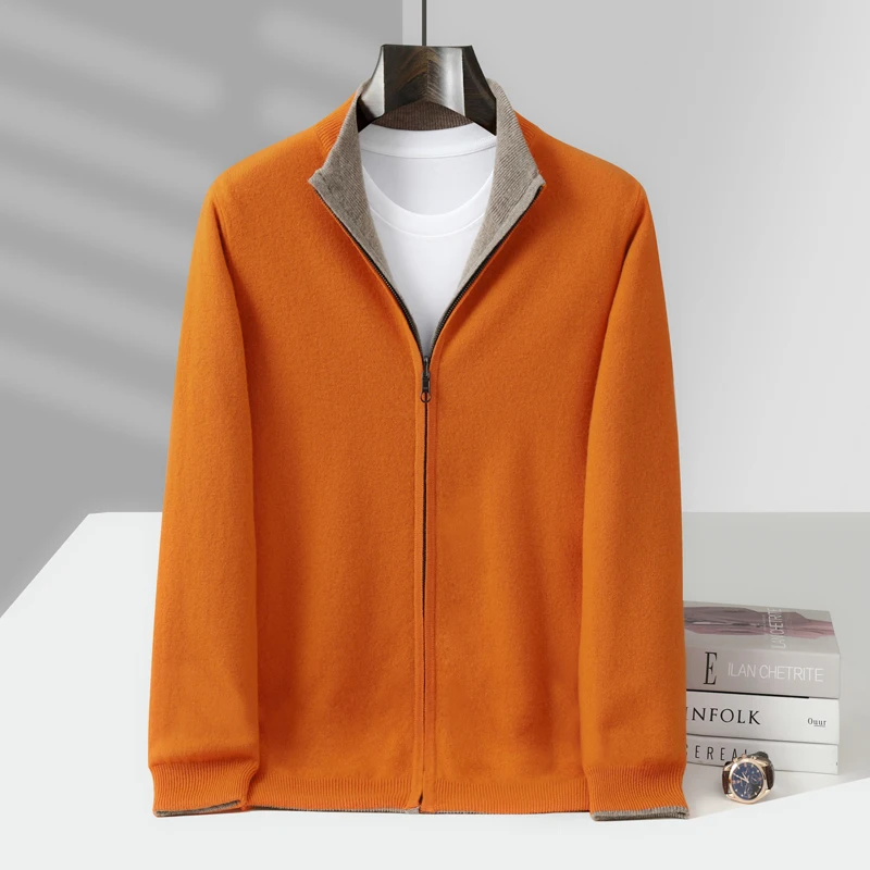 MVLYFLRT мужской кардиган на молнии с воротником-стойкой, 100% мериносовая шерсть, вязаный двусторонний кардиган, осенне-зимняя толстая теплая куртка