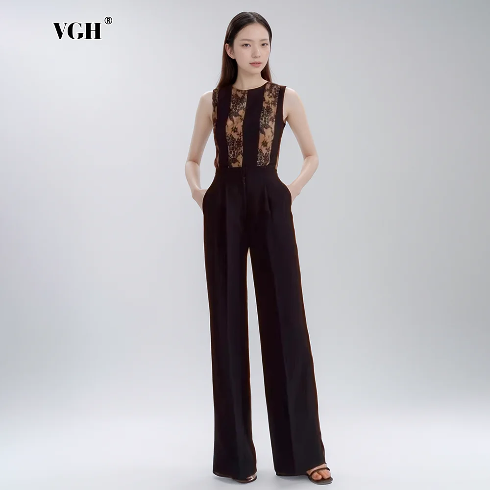 VGH Solid Luxury Slimming Jumpsuit For Women Round Neck Sleeveless High Waist Spliced Pockets Evening Jumpsuit Female Fashion