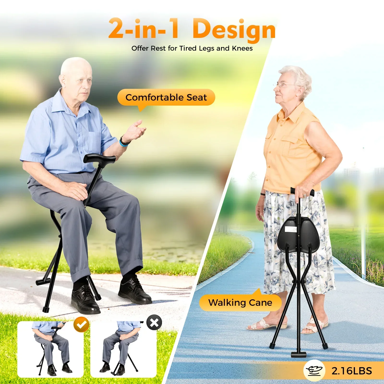 Multi-functional Foldable 3-Leg Cane Stool for Elderly, Portable Walking Aid w/ Tri-Leg Support, Lightweight Mobility Assistant