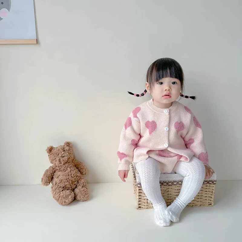 Autumn Winter Newborn Baby Girl Clothes Knit Embroidered Love Suit Long Sleeve Cardigan+Jumpsuit Children 2Pcs Knit Clothing Set