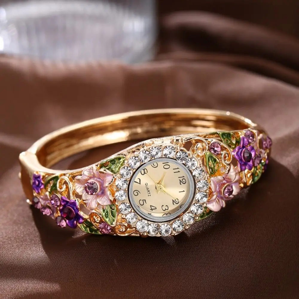 Rich In Flowers Vintage Watch Round Dial Rhinestone Bracelet Ladies Wristwatch Versatile Design Crystal Jewelry Bracelet Watch