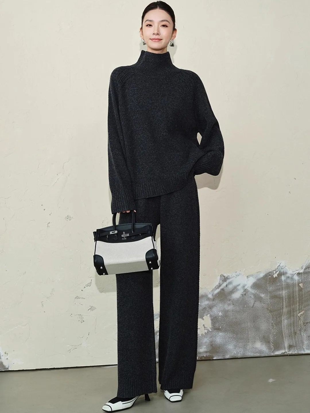 Autumn and winter lazy cashmere suit women's semi-high stand-up collar loose sweater two-piece thick knitted wide-leg pants
